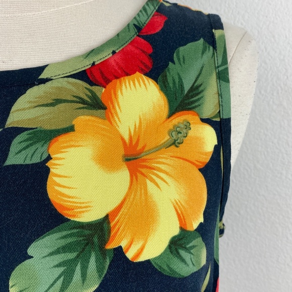La Cabana Dark Blue Bright Floral Hawaiian Midi Dress Rayon Shift Sleeveless SM - Picture 3 of 10
